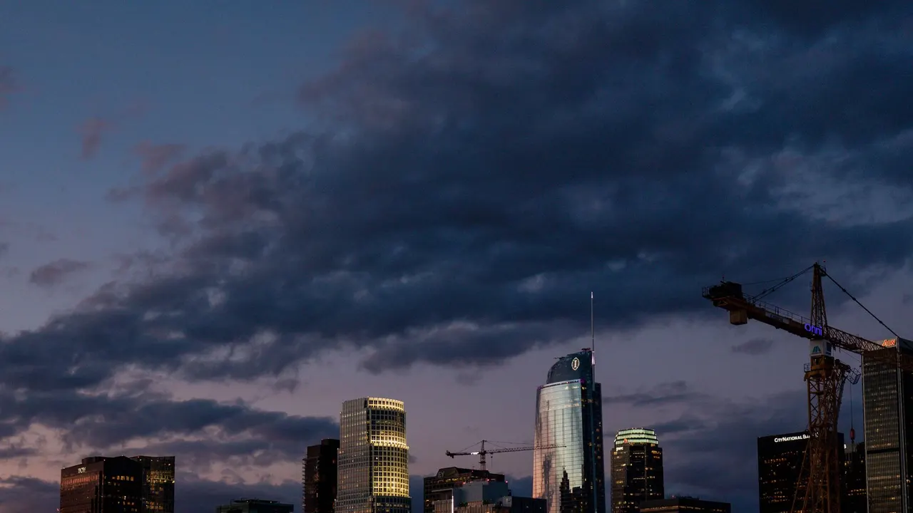 Downtown Los Angeles at dusk.